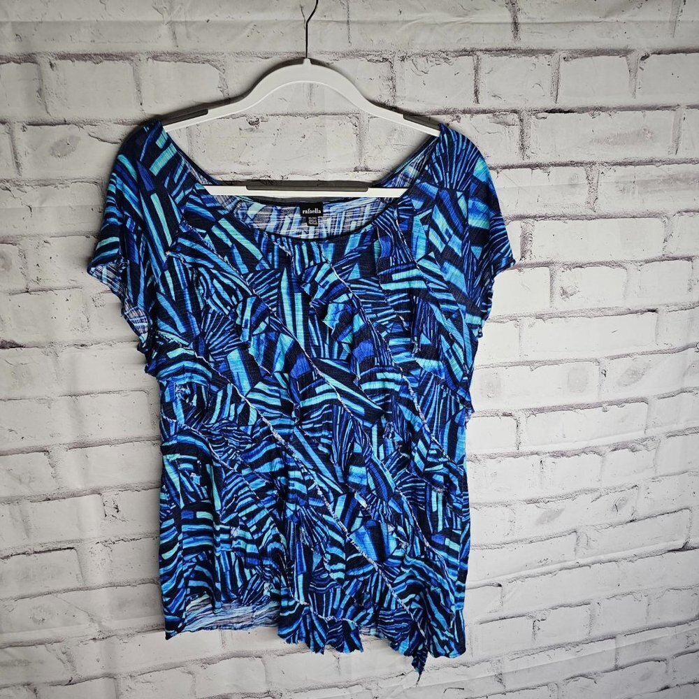 Bright Blues Geometric Short Sleeve with Ruffle Accent
